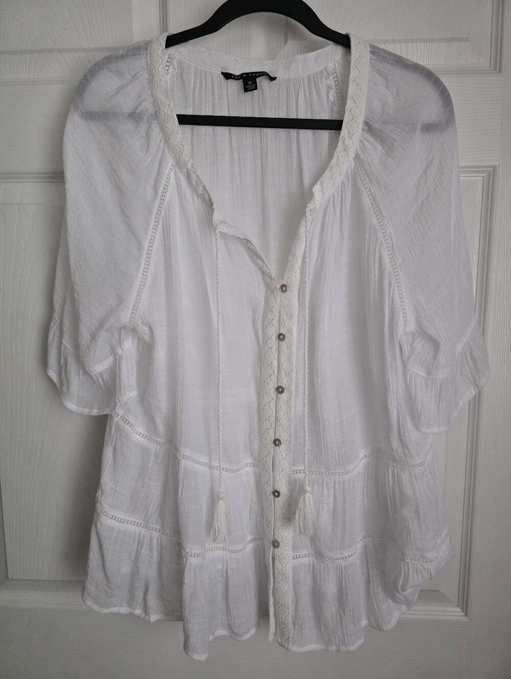 Boho Coastal Grandmacore Crinkle Tiered Peasant Blouse White XL